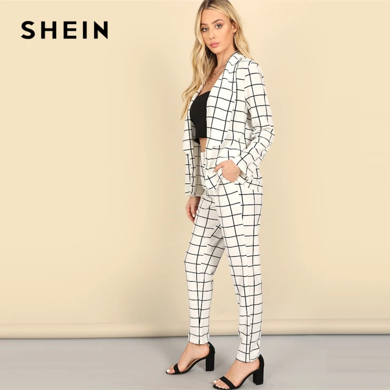 SHEIN Жакет В Клетку С Длинным Рукавом И Брюки, Комплект В Клетку, Клетчатый Повседневный Костюм