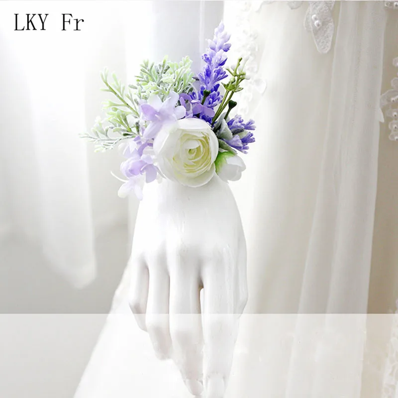 

LKY Fr Wedding Wrist Corsage Bracelet Bridesmaids Flower Groom Boutonniere Buttonhole Purple Wedding Corsage Flowers Accessories