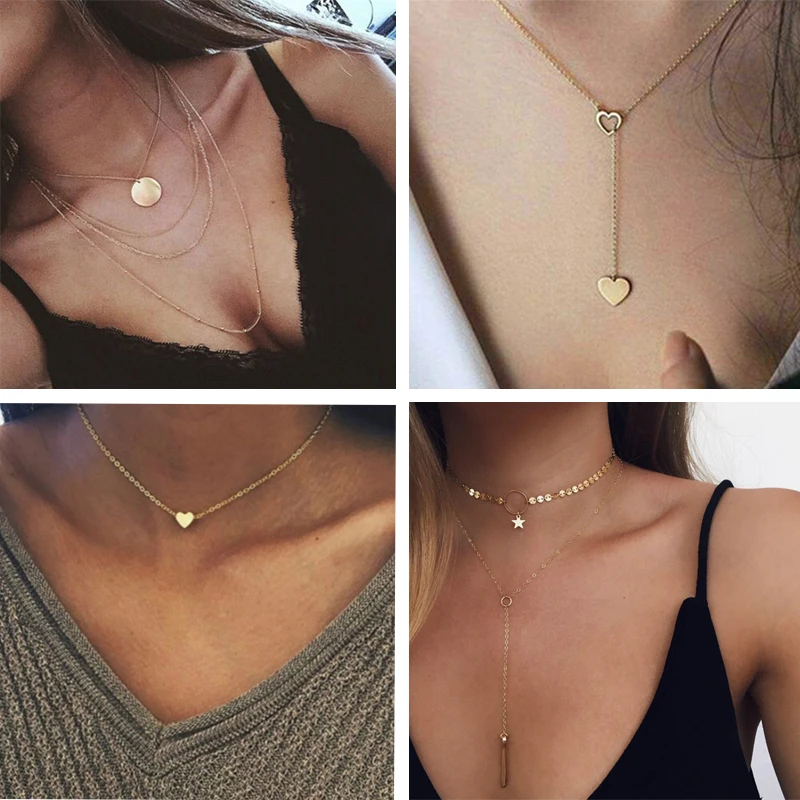 Женское Ожерелье s Сердце Звезда диск металлическая цепь мода многослойный