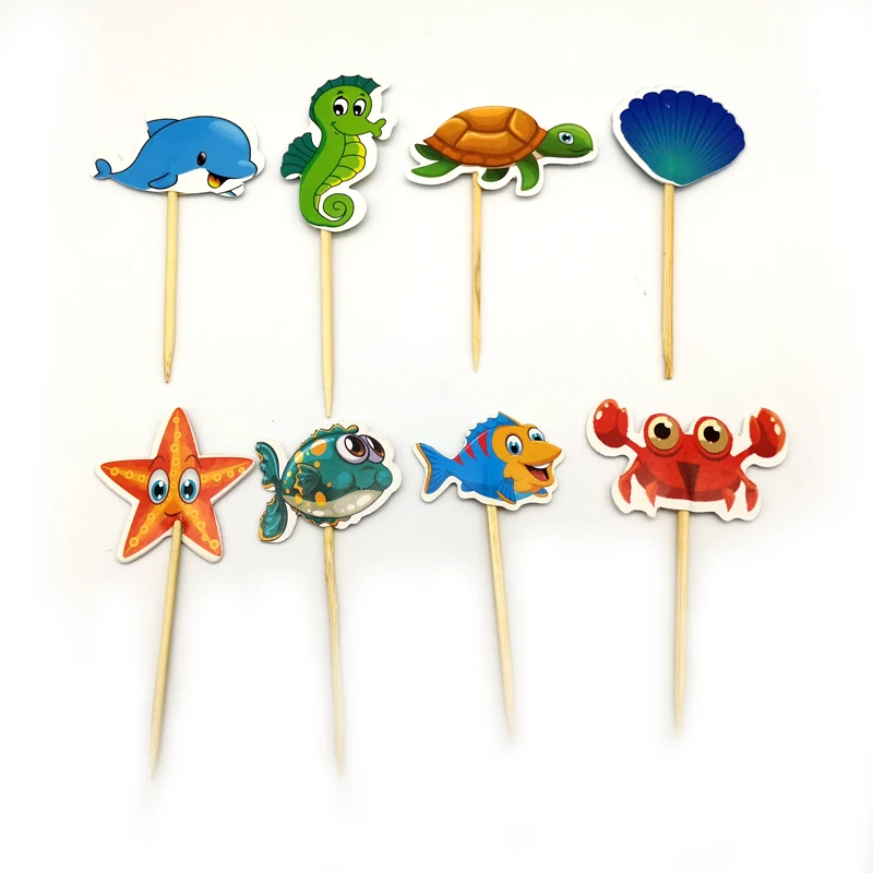

24pcs Kids Girls Favors Birthday Party Ocean Animal Theme Cake Topper Decorations Happy Baby Shower Cupcake Toppers with Sticks