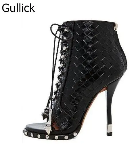 

Newest Designer Black White Embossed Leather Open Toe Studded Ankle Boots Lace-up Gladiator Sandal Boots For Women Free Ship