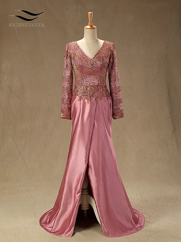 

Solovedress Stain V-Neck Full Sleeves Evening Dresses with Beads Prom Dress Mermaid Formal Gown vestido de festa longo (RP012)