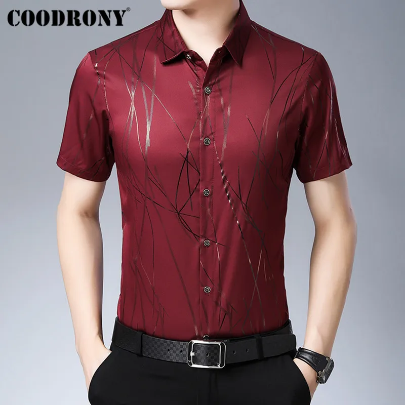 Красный COODRONY, летняя крутая Мужская рубашка с коротким рукавом, модная полосатая рубашка, мужская деловая Повседневная рубашка, Camisa Masculina S96024 - Цвет: Красный