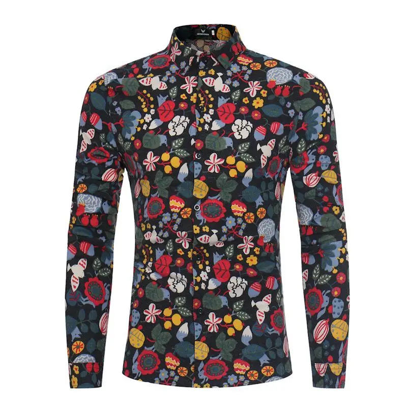 Прямая поставка новая мужская рубашка с длинным рукавом и черным принтом льняная