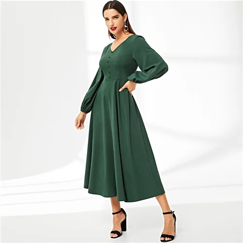 Зеленый SHEIN abaya, зеленое платье с v-образным вырезом и пуговицами, рукав-фонарик, однотонное длинное платье трапециевидной формы с высокой талией,, винтажные осенние женские платья - Цвет: Зеленый