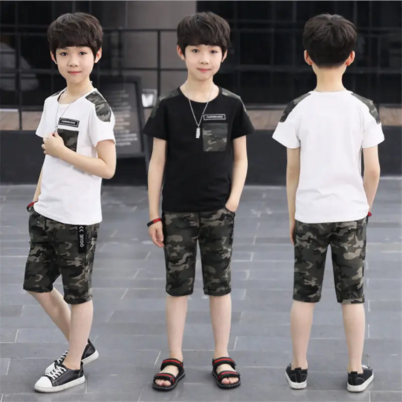 Summer Boys Comouflage Clothing Sets Short-Sleeve Shirts+Pants Clothes Sets For Kids Sports Suits Teenager Tracksuits