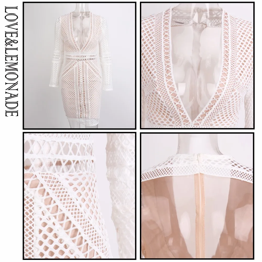 Женское кружевное платье LOVE &amp LEMONADE белое с геометрическим узором и глубоким