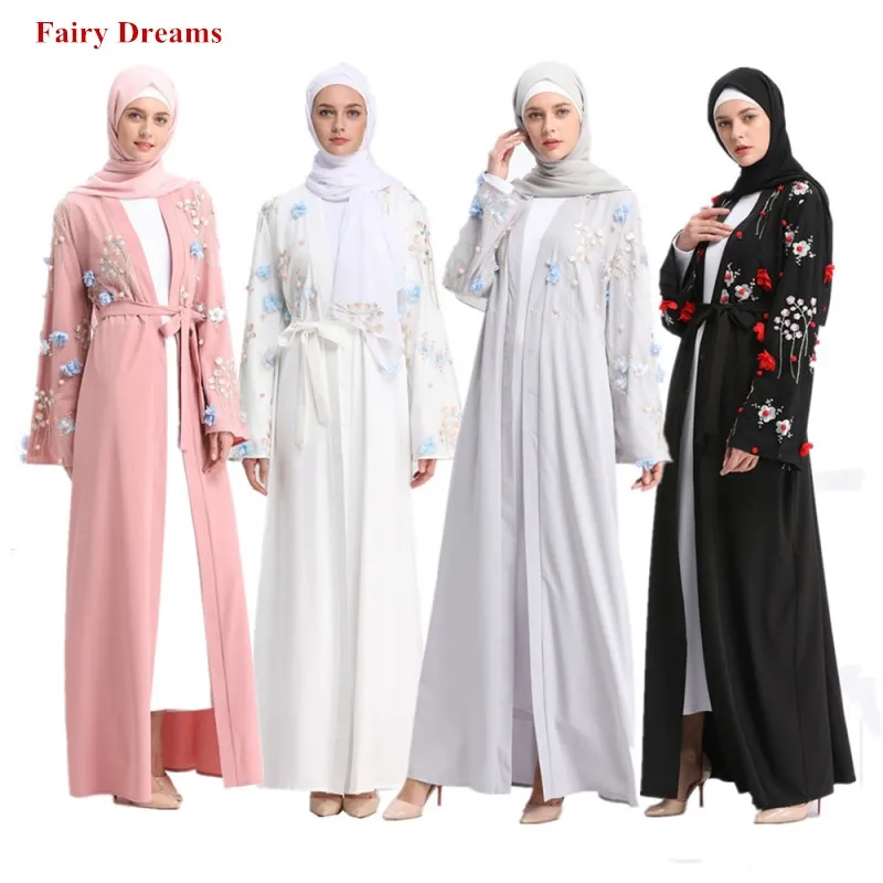 Женский мусульманский кардиган Abaya черный розовый белый серый длинный с