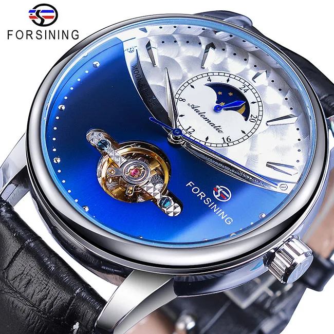 GMT1150-10 Forsining синий турбийон механические часы Мужские автоматические фаза Луны из натуральной кожи часы для деловых мужчин Relogio Masculino - Цвет: GMT1150-10