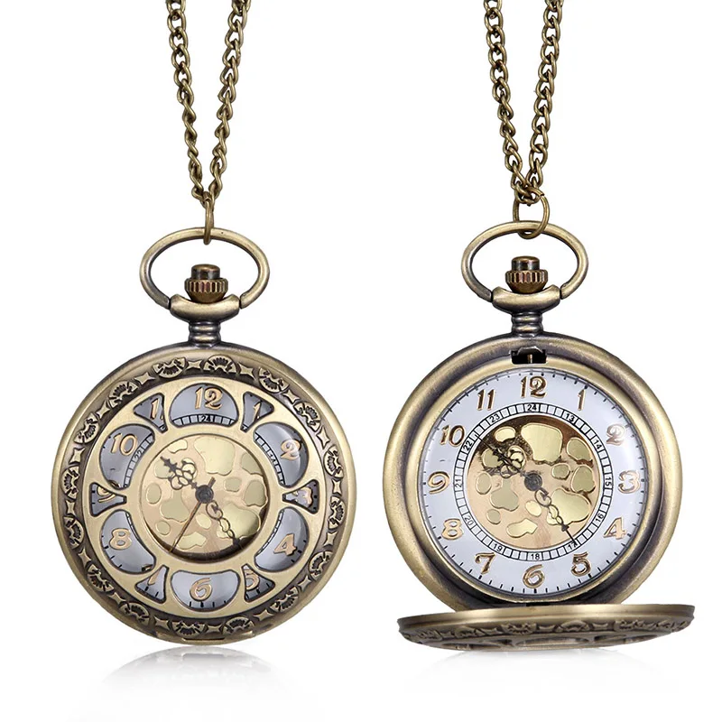 

1pc Men Women Quartz Pocket Watch Floral Petal Carved Case with Chain LXH