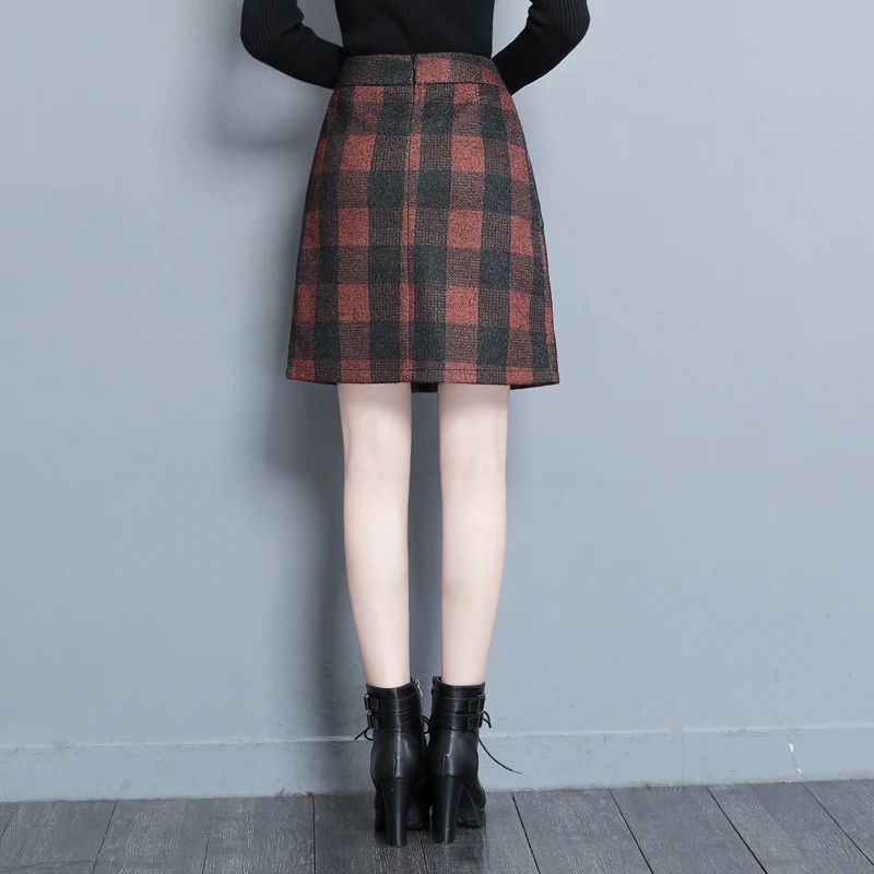 2018 модные шерстяные клетчатые юбки женские Теплые с высокой талией карманами на