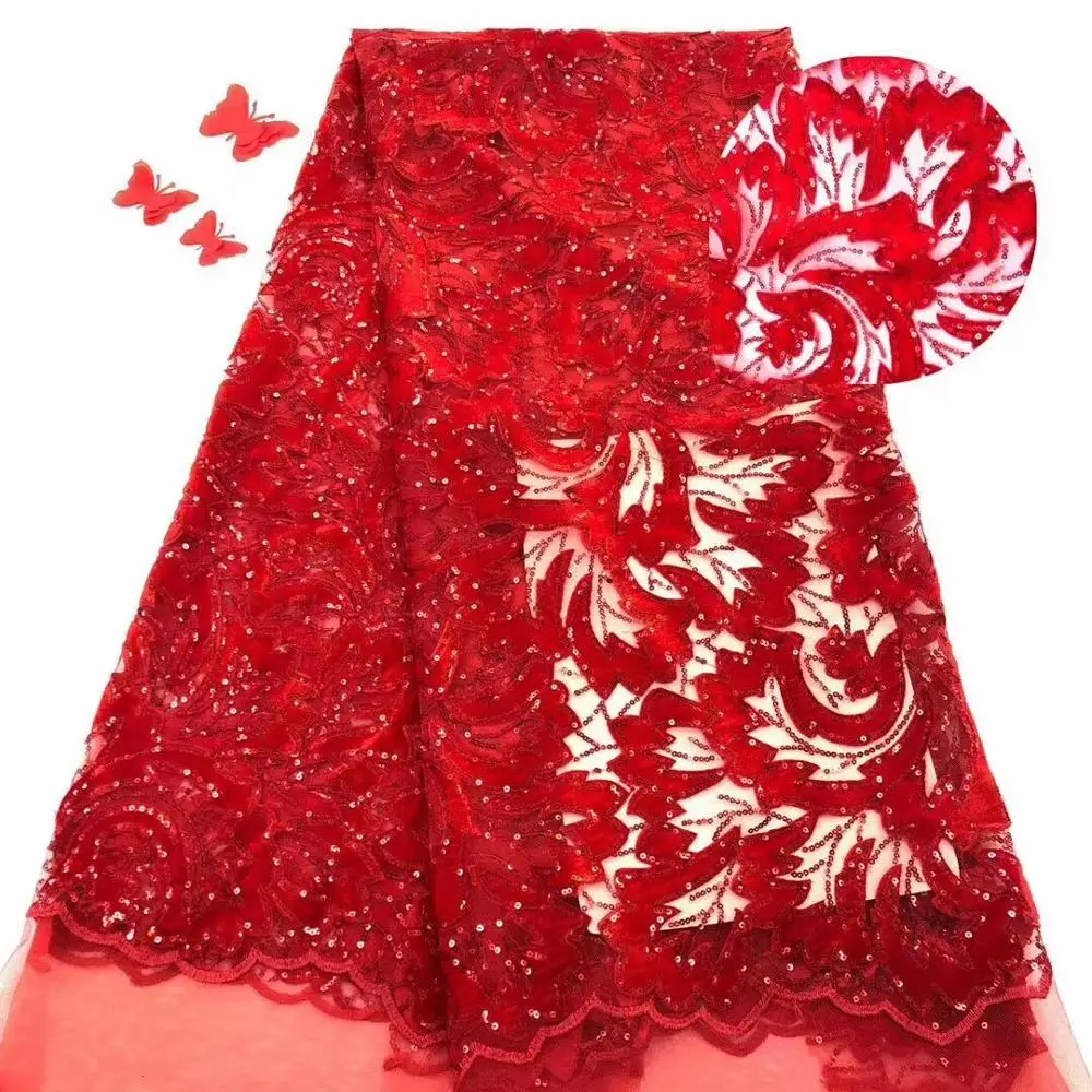 Красная бархатная кружевная ткань для платьев 2019 новейшее нигерийское - Фото №1