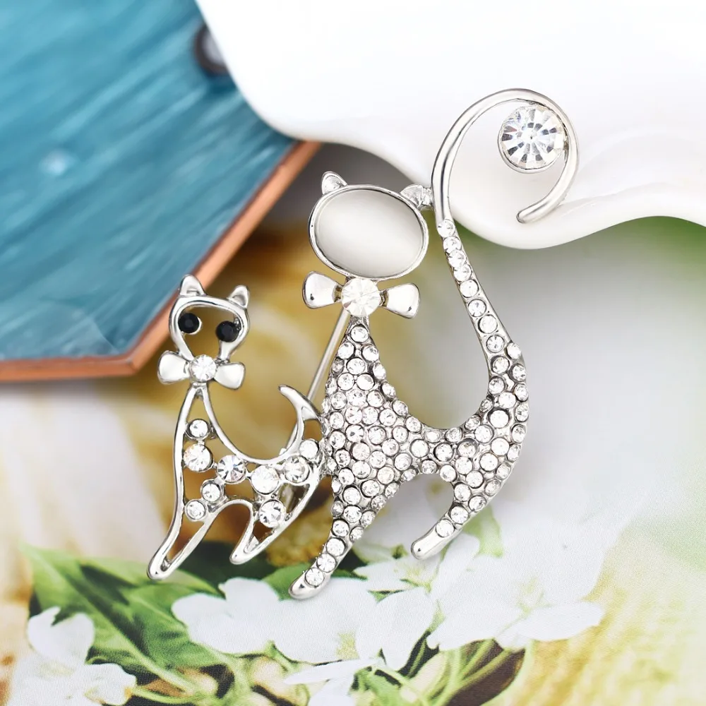 MINHIN Fashionable Opal Stone Animal Brooch Pins For Women Double Cat Jewelry Engagement Costume Accessories | Украшения и