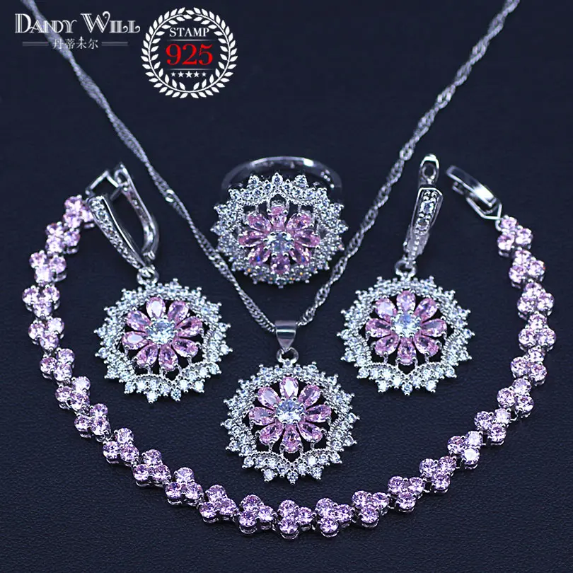 silver color Women Bridal Jewelry Sets Pink Zircon Necklaces Pendants Ring Earrings Bracelets With Stones Set of Jewelery | Украшения и