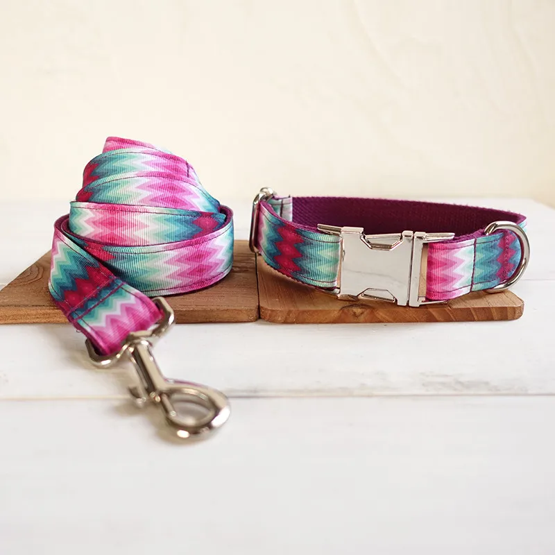 collar leash set Новые дизайнерские Pet Ошейники персонализированные имя тел градиент печатных ошейники для маленький средний большой собаки нейлон Pitbull воротник - Цвет: collar leash set