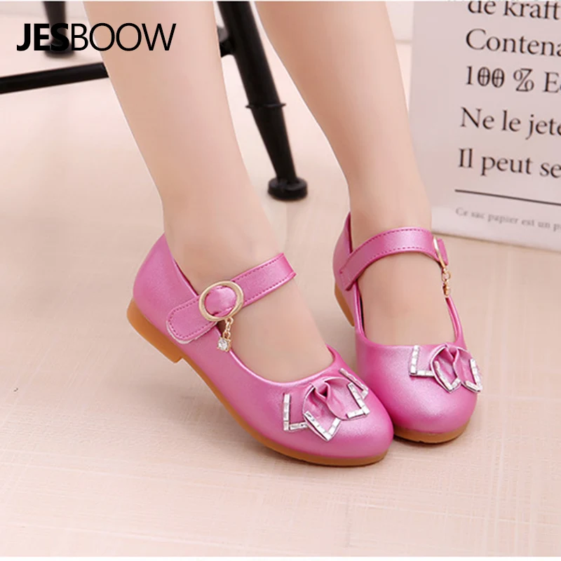 

Girl shoes rhinestones bow shoes princess wedding party school rubber shoes pink Big kid size