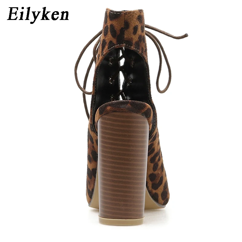 Eilyken/Новинка года; леопардовые женские ботинки на шнуровке; сандалии; ботильоны с открытым носком на квадратном каблуке; Размеры 35-42