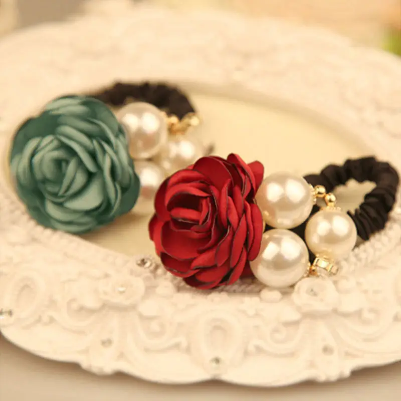 Повязка для волос атласная Женская эластичная лента с цветами и жемчужинами