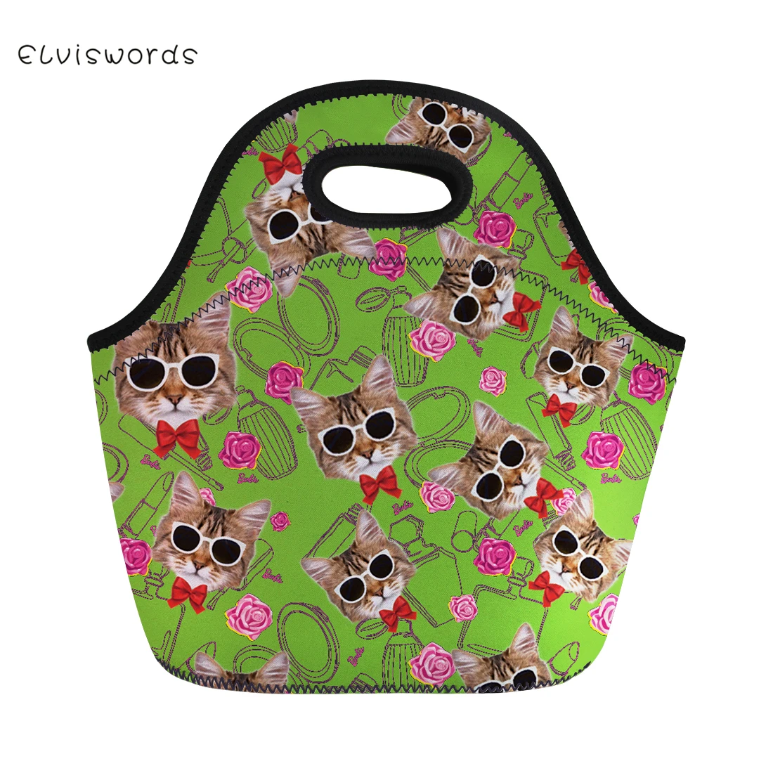ELVISWORDS Cute Cats Printed Lunch Bag Neoprene Waterproof hand Box for Women Tote Girls Pinic Snacks Container Lovely | Багаж и сумки