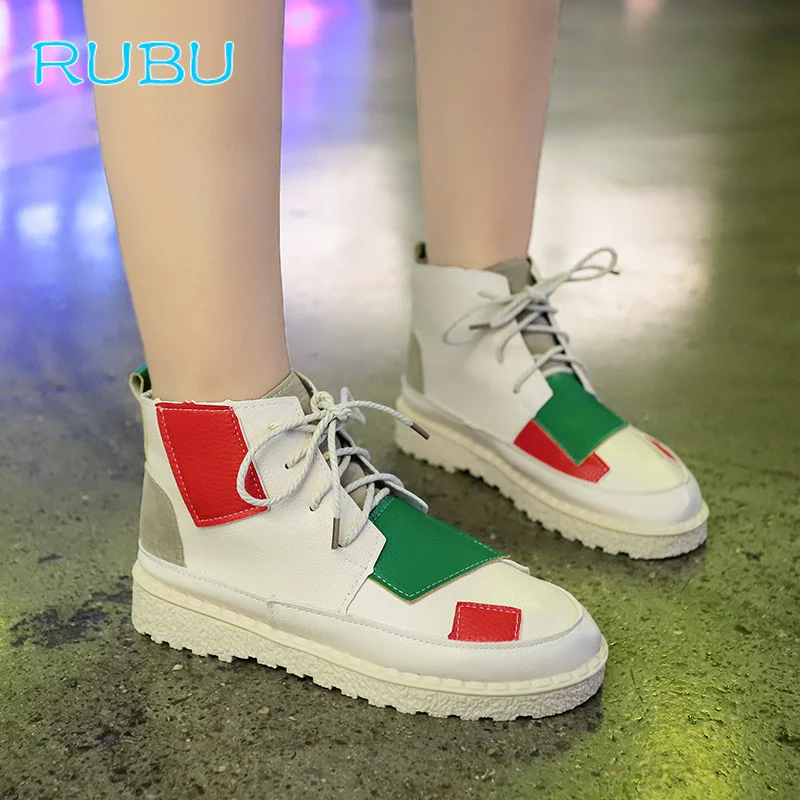 2018 Autumn and Winter New Color Matching Patch Boots Female Mouth Flat Short British Wind Women's Shoes | Обувь