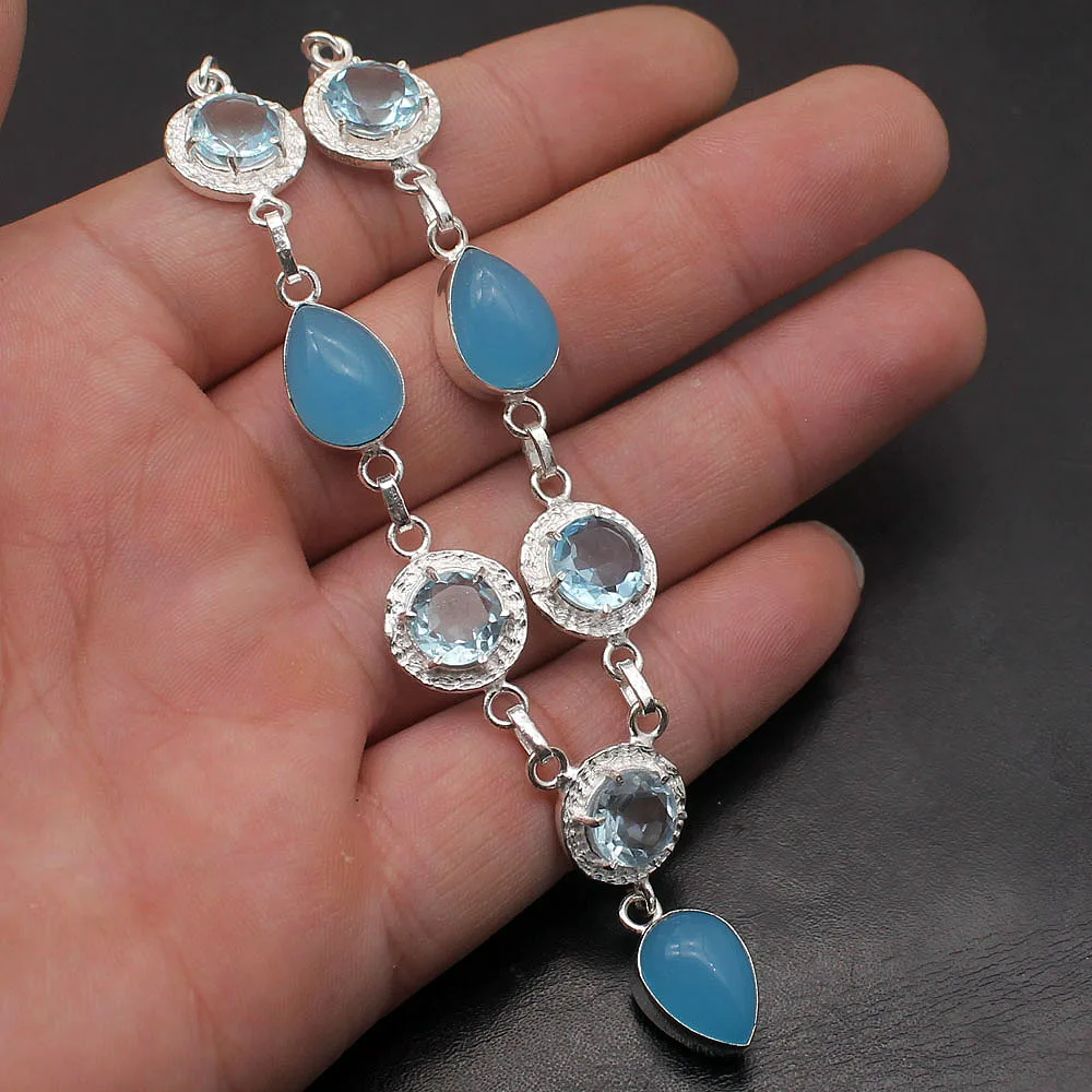 Привлекательные натуральные Подвески серебряного цвета BlueAgate Topaz925 пробы кулон
