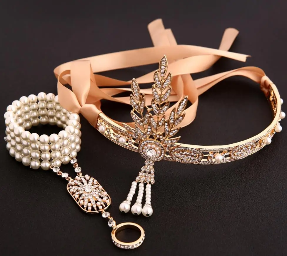 2Pcs Gold Set 1920s винтажная повязка на голову с кристаллами в виде листа Грейт Гэтсби, жемчужная, розовая, золотая, черная свадебная тиара и корона, головной убор для невесты, украшения для волос - Окраска металла: 2Pcs Gold Set