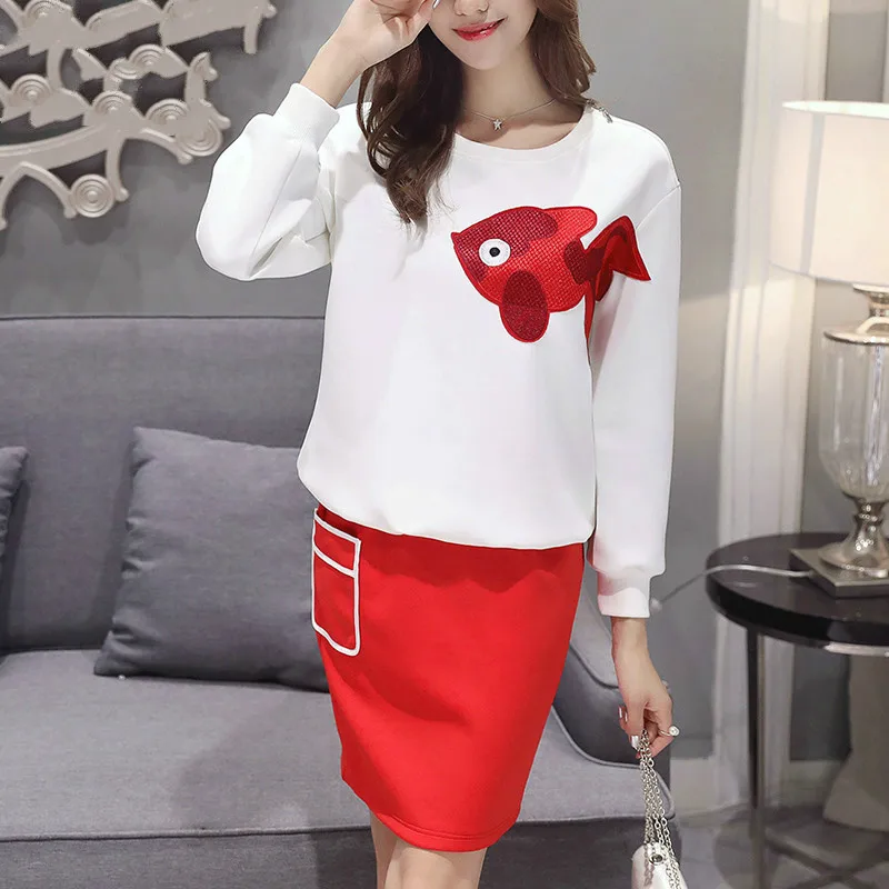 Women's Causel 2 Pieces Set Girls Skirts Suits White Long Sleeve Top Shirts + Red mini Skirt Outfit For Girls