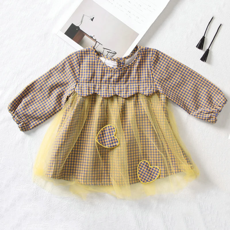 Summer Girl Mini Dress Simple Cute Love Long-sleeved Net Yarn Round Neck Suitable for Children Comfortable Clothes | Детская одежда и