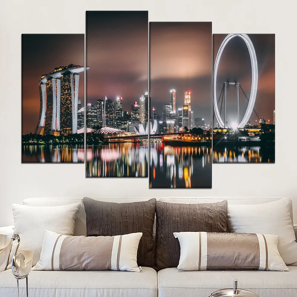 Canvas Painting Home Decor 4 Piece Singapore Night Skyscrapers Buildings Poster Prints River Shore Reflection Pictures Wall Art | Дом и сад