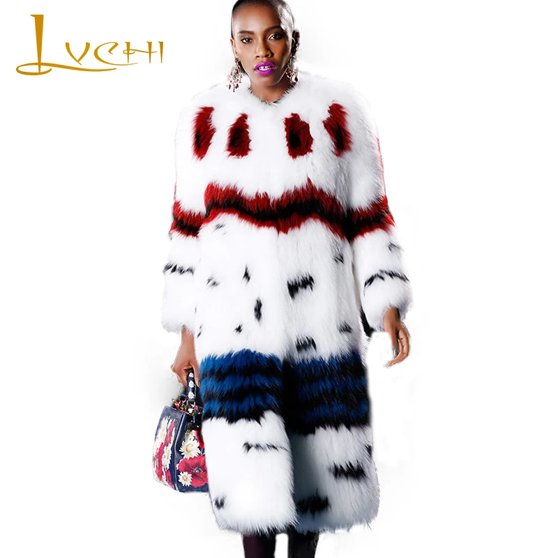 

LVCHI Winter 2019 Nine Quarter Real Fox Fur Coats O-Neck Slim Natural Fox Fur Coat Women's Contrast Color Print Medium Fox Coats