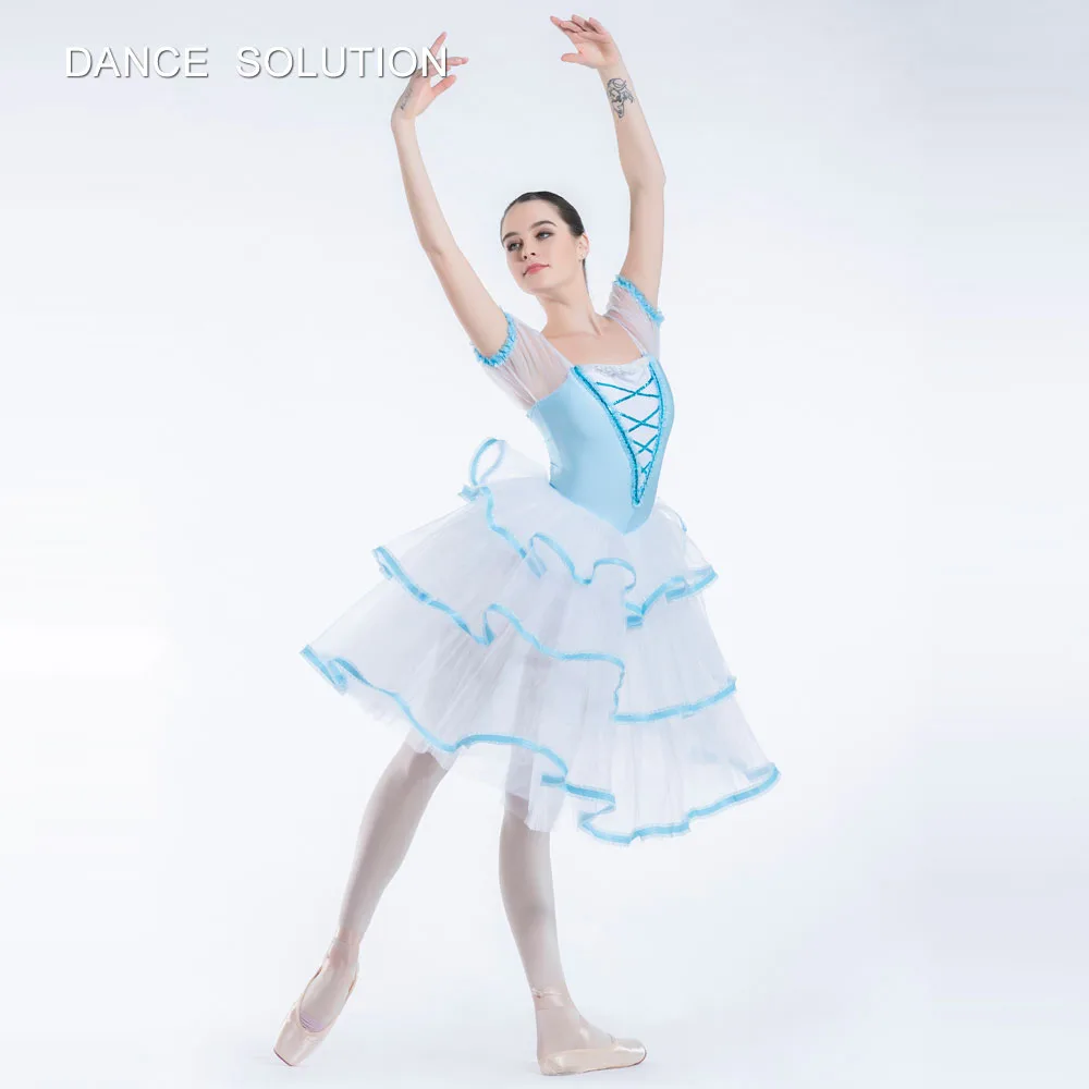 Бледно-голубой и белый топ из спандекса с 3-слойной тюлевой юбкой для женщин