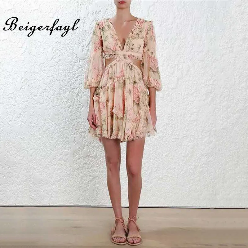 Beigerfayl Sexy Women Beach Elegant Dress Lantern Sleeves 2019 Bohemian Deep V Neck Long Sleeve Floral Print TDR15651 | Женская одежда