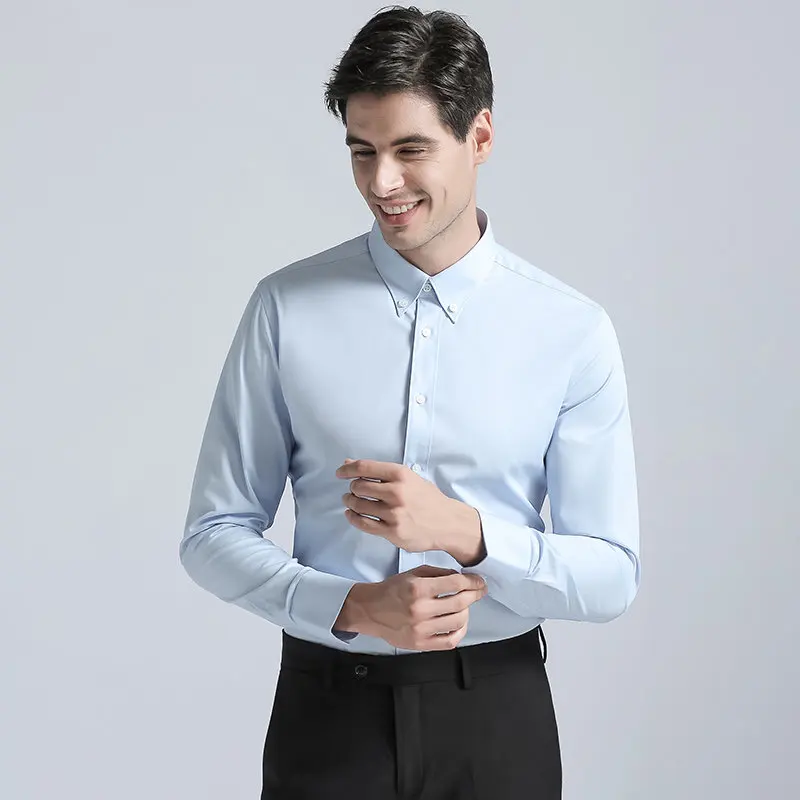 High Quality Men's Shirts Formal Buckle collar Cotton Blend Classic Solid Color Long Sleeve Business Suits Blouse