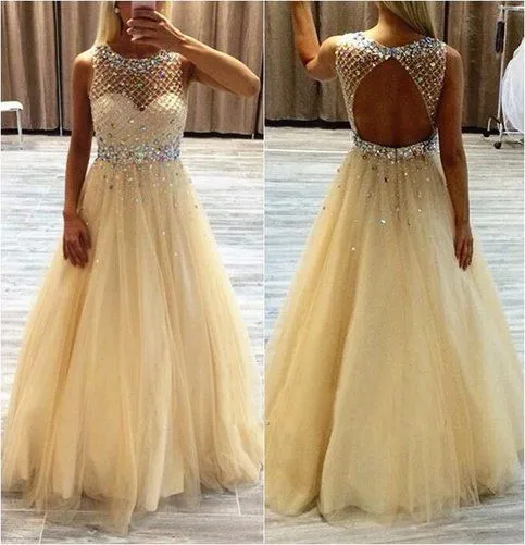 

Long Prom Dresess Cap Sleeve Floor Length Crystal Beading Evening Dresses Open Back Robe De Soiree