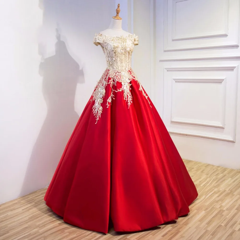 Красное золото Аппликации вечернее формальное платье Бальные платья vestido de noiva женские Пол Длина с открытыми плечами, вечернее платье для вечеринки, официального приема