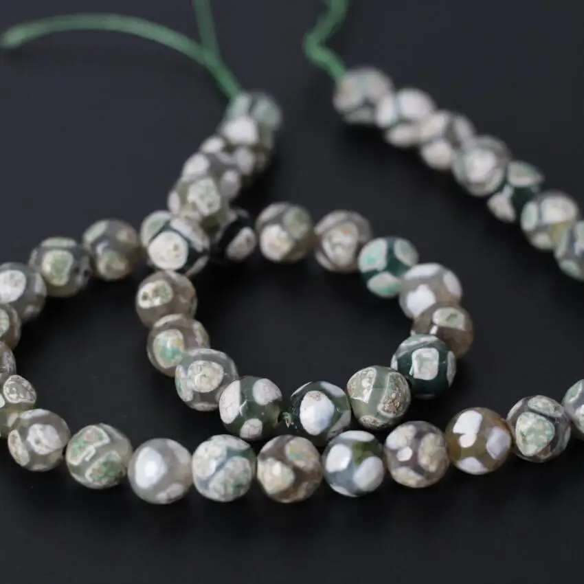 Different size 3Strand/Lot White&Green Football Stripe Tibetan Dzi Onxy Faceted Round Loose Beads Wholesale,DIY Jewelry Making