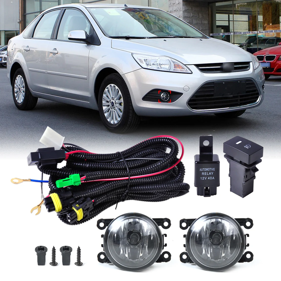 

DWCX Wiring Harness Sockets + Switch + 2pcs Fog Lights Lamp 4F9Z-15200-AA for Ford Focus Honda CR-V Acura Nissan Suzuki Subaru