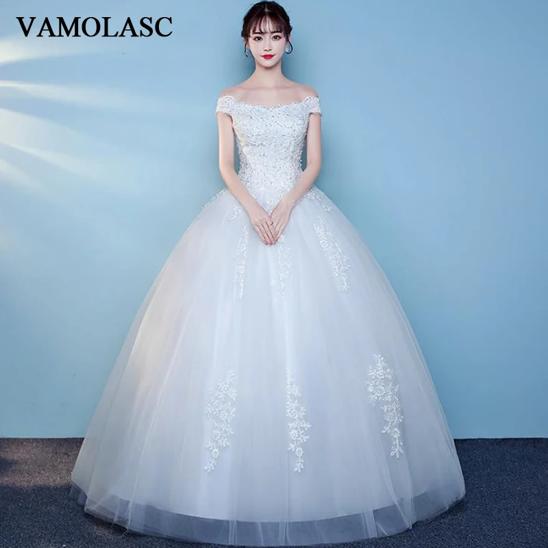 VAMOLASC жемчуг лодочка шеи бальное платье Кружева Аппликации Свадебные платья с