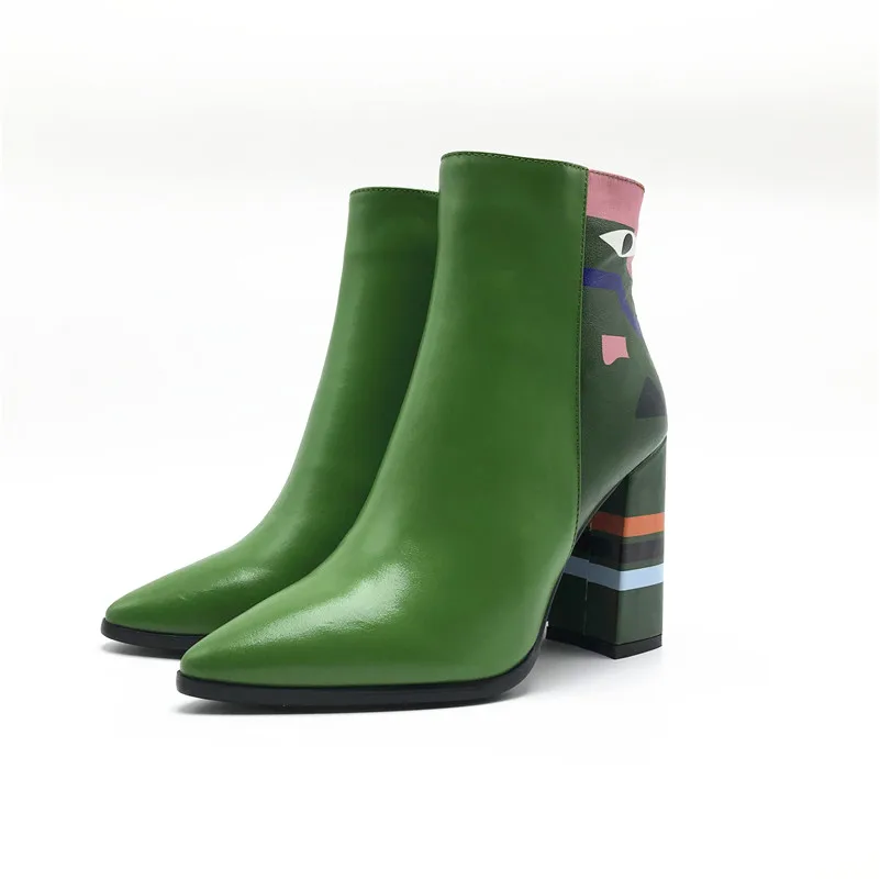 green 7cm FEDONAS/ г., модные брендовые женские ботильоны женская обувь на высоком каблуке с принтом женские вечерние туфли-лодочки для танцев классические кожаные ботинки - Цвет: green 7cm