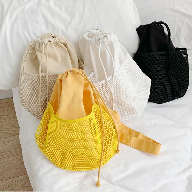 Женская Холщовая Сумка на одно плечо повседневная Сетчатая Сумка-ведро для дам