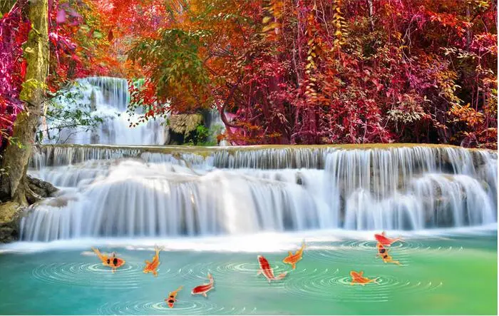 

3d wallpaper custom mural Maple forest waterfall flowing water landscape home decor living room photo wallpaper for walls 3 d
