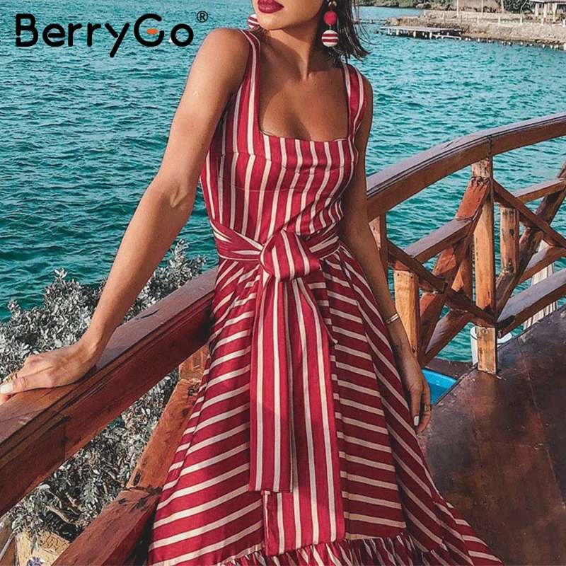 BerryGo, винтажное Полосатое женское платье, красное, без рукавов, с поясом, высокая талия, женские пляжные платья, летние, праздничные, для девушек, макси, vestidos