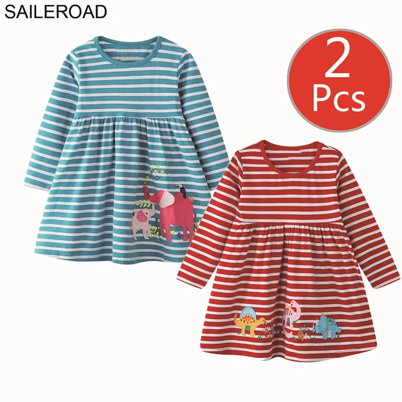 7004 7091 photo SAILEROAD 2 шт. Слон Аппликации Девушки С Длинным Рукавом Платье для 7 лет Одежда Для Девочек Животные Платья для Детей 6 Лет Вышивка - Цвет: 7004 7091 photo