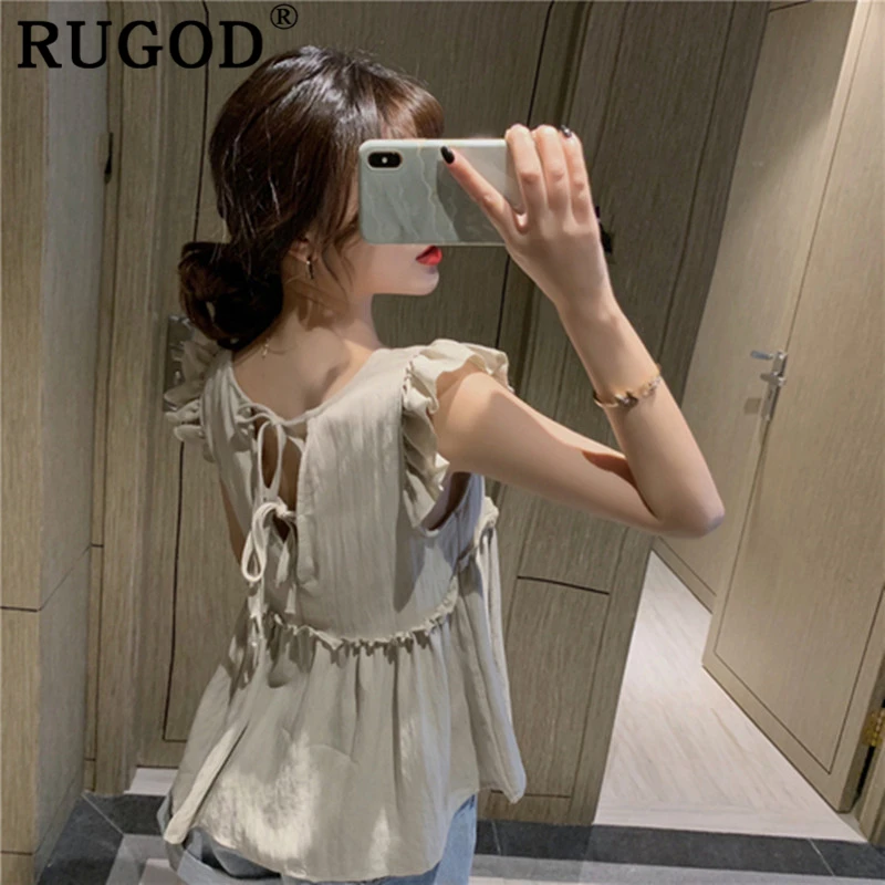 RUGOD Vintage white lace up women shirts Elegant V neck sleeveless solid blouse female 2019 summer korean ruffles tops ladies | Женская