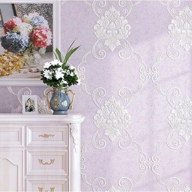 Light Purple Пасторальные нетканые Дамасские обои рулон Papel Pintado спальня гостиная ТВ фон обои цветок Papel де Parede 3D - Цвет: Light Purple