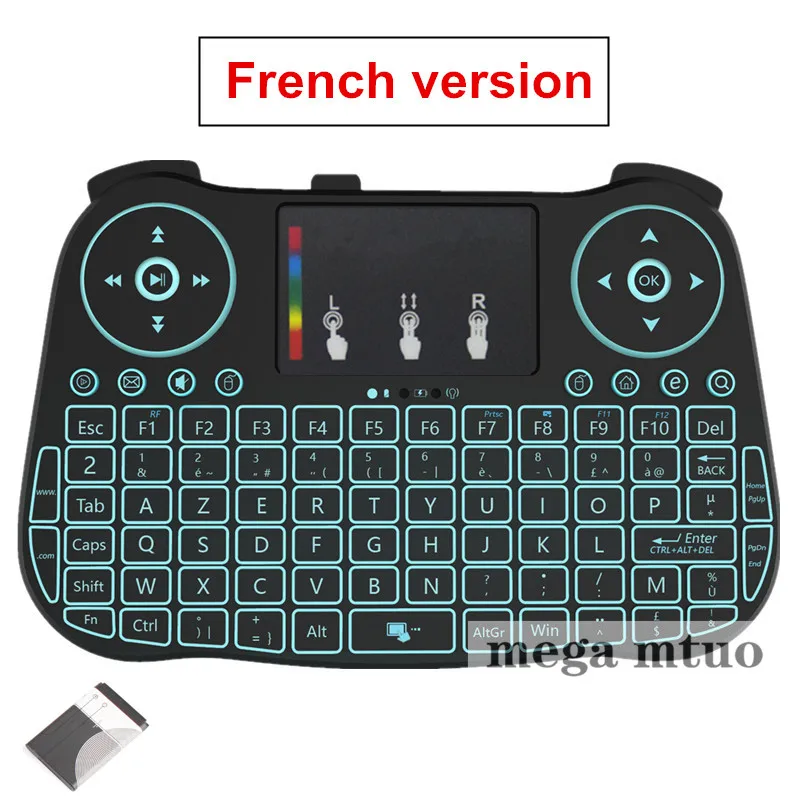 Lithium battery-FR MT08 русская английская мини беспроводная клавиатура с подсветкой 2,4 GHz Air mouse Touchpad для Android tv Box notebook PC - Цвет: Lithium battery-FR