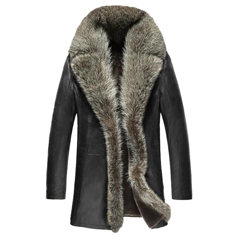 Мужское пальто из овчины с воротником меха енота роскошная верхняя одежда