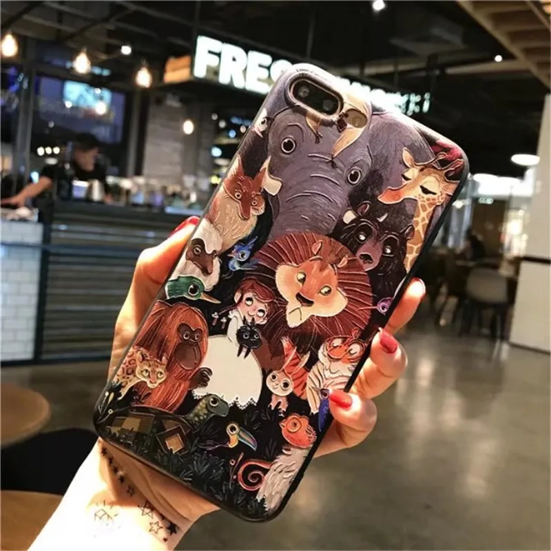 3d relief Cute Animals Lion Elephant Rabbit Giraffe Fox phone cases for iphone 7 8 6 6s plus Soft silicon X |