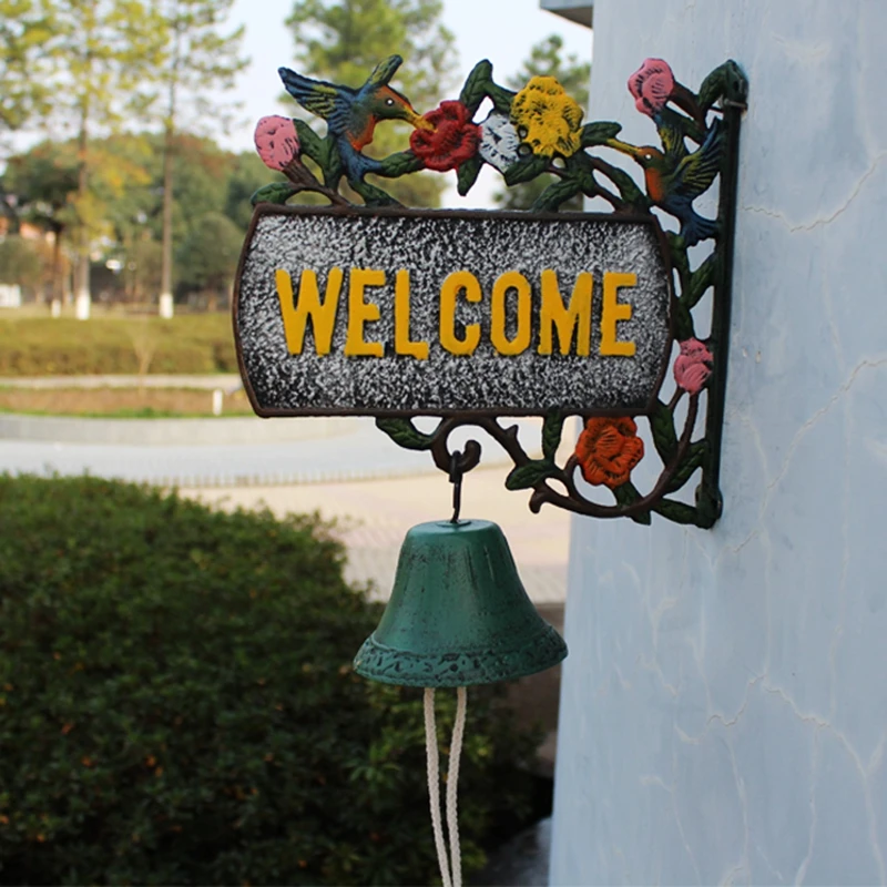 

Hand Paint Color Cast Iron Wall Welcome Plaques Bell Home Garden Antique Green Hummingbird Branch Flower Hand Cranking Door Bell
