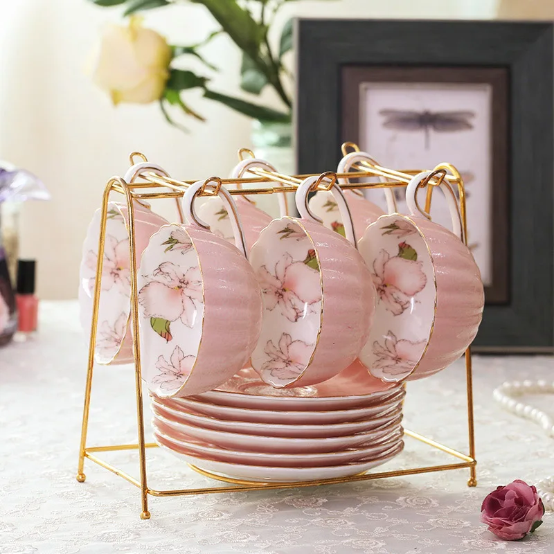 pink 6pcs set Набор кофейных чашек креативный элегантный Ароматизированный Чай Тыква чашки костяного фарфора чайные наборы чай время полудня Чай Вечерние эспрессо tazas питьевой - Цвет: pink 6pcs set
